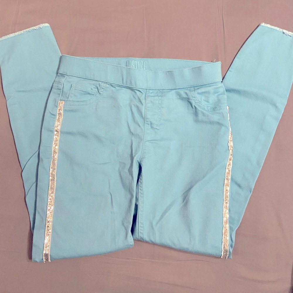 JUSTICE teal denim pants with glitter stripe